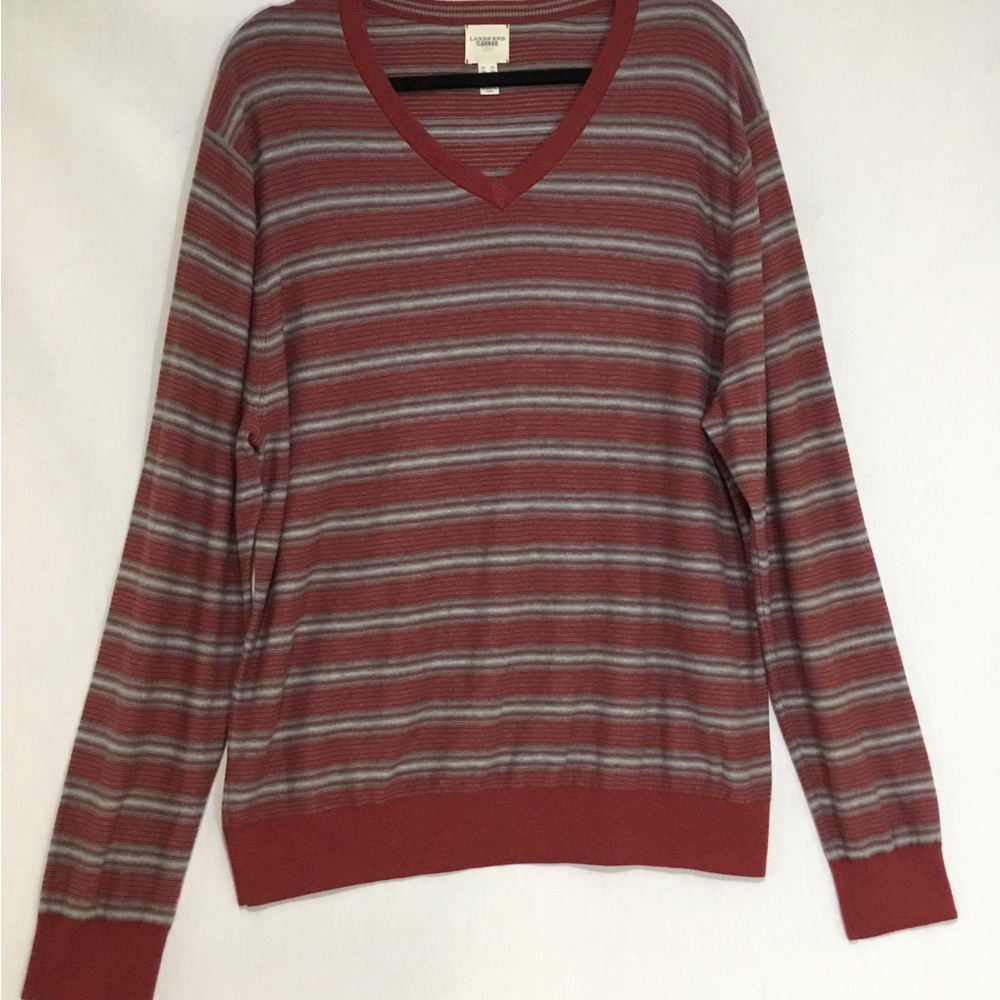 Men’s Lands End Canvas 1963 Sweater Red Gray Striped 100% Cotton Classic Size XL